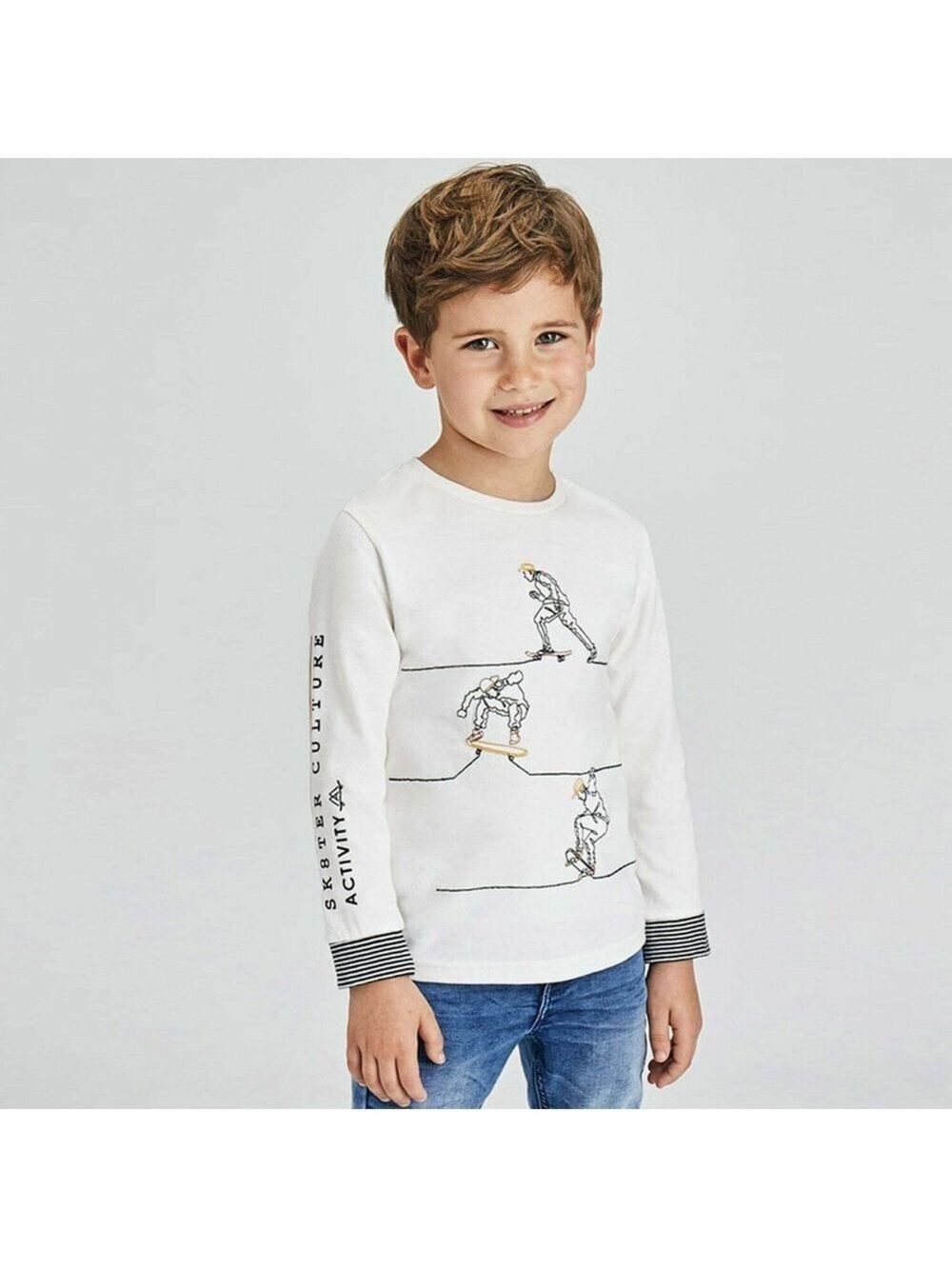 Size 4 Boys Mayoral Cream Long Sleeve Tee with Activity Graphics